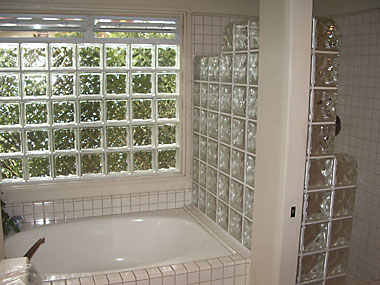 Shower walls and window in Decora pattern.
